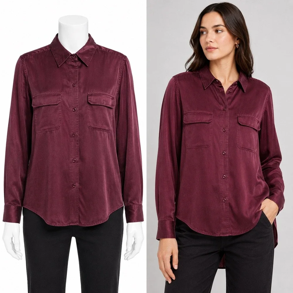 Equipment Femme Shirt Women XS Burgundy Silk Long Sleeve Button Down Pockets